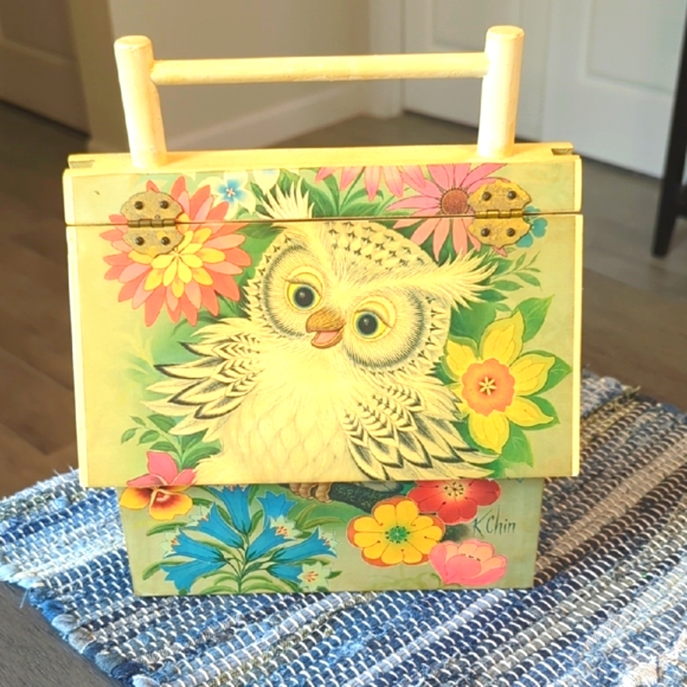 Vintage "K Chin", Wooden Owl Decorative Box  Floral Design,